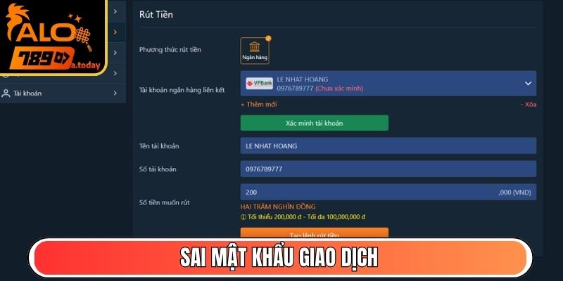 Sai mật khẩu giao dịch
